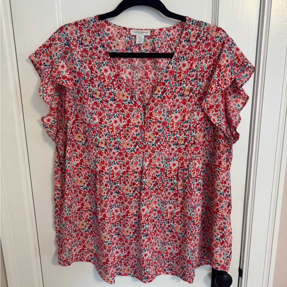 Carolina Belle Red Flutter Sleeve Blouse with Ruffled Details